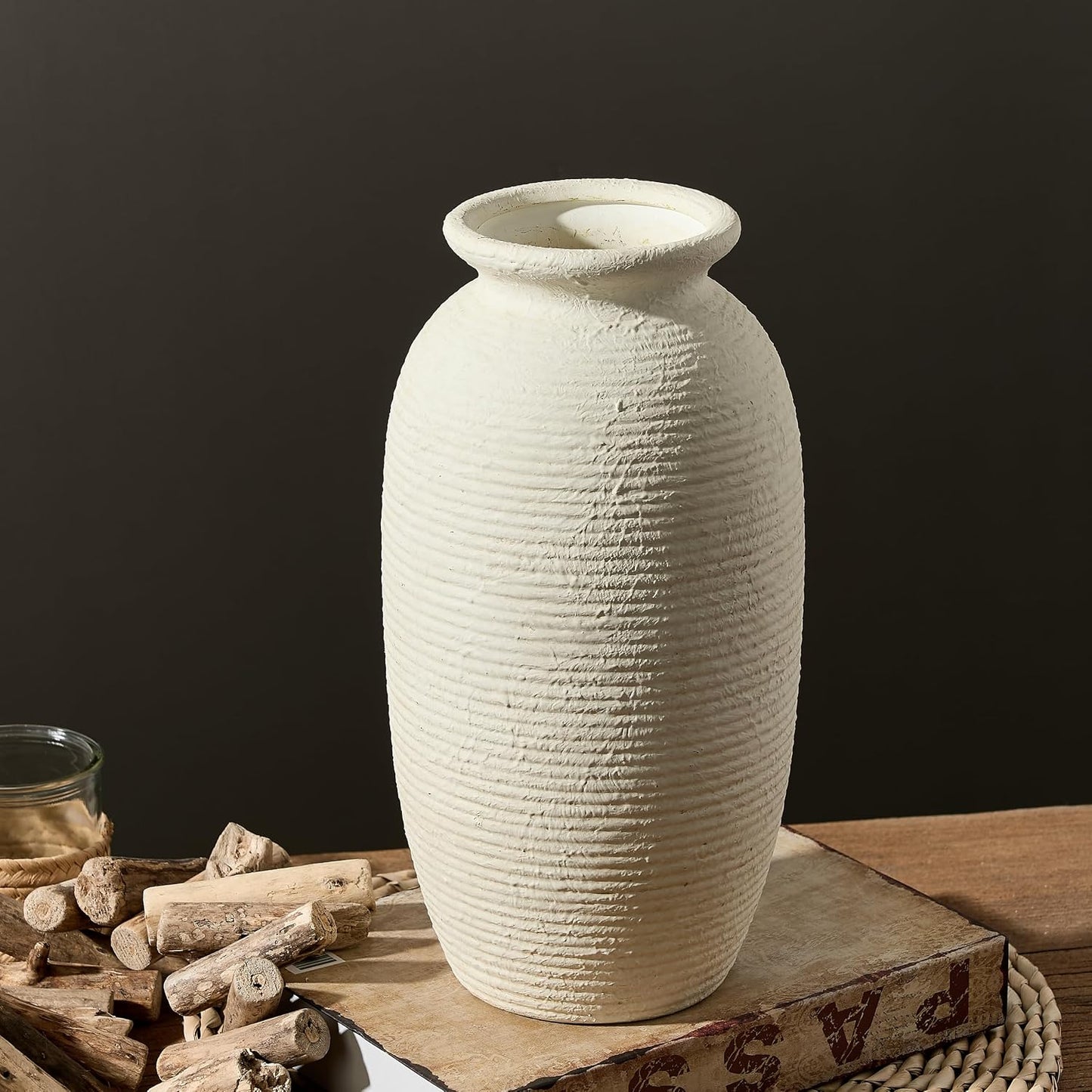 Ceramic Flower Vase, Small Rustic Farmhouse Vases Home Decor, Short Pottery Decorative Pampas Vase for Table Living Room Entryway Mantel Bookshelf Bedroom Bathroom Kitchen - 6" W