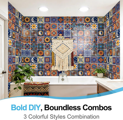 Art3d Talavera Hand-painted Waterproof Peel and Stick Backsplash Tile for Kitchen & Living Room, Sun & Moon Floral Design - 10-Pack of 12 x 12 Inch