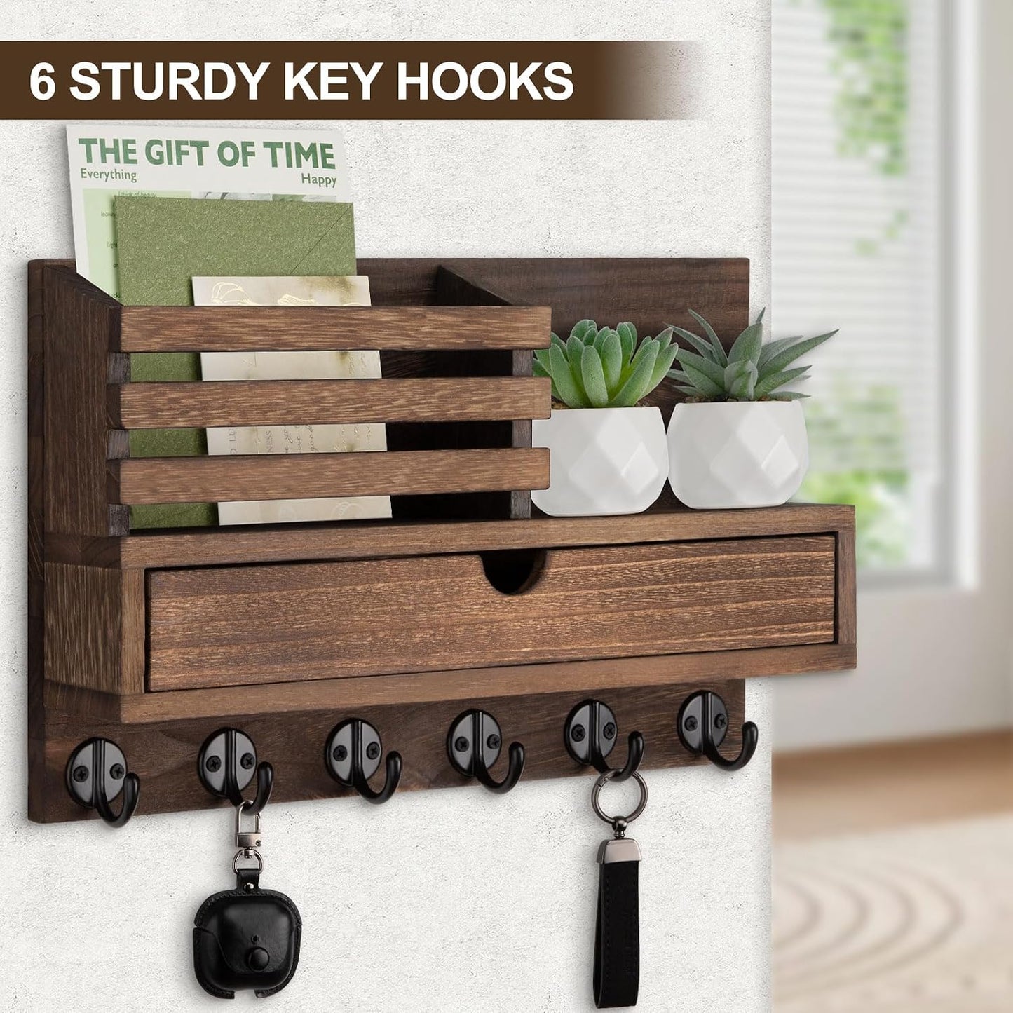 Key Holder Wall Mount, Mail Holder with Storage Drawer and 5 Key Hooks for Coat, Dog Leash, Home Decor Rack, House Accessories, Entry Way Organizer