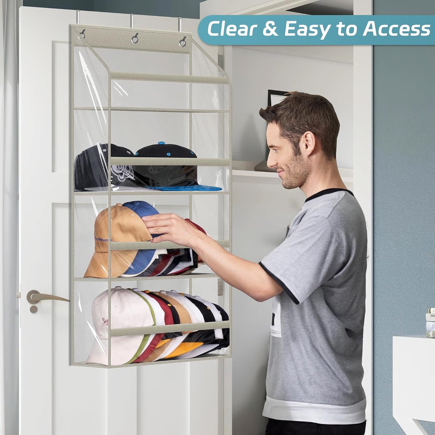 AOODA Clear Over the Door Hat Racks for Baseball Caps, Large Holds up to 72 Caps Hat Storage Organizer for Closet Wall, Deep Pockets Hanging Snapback Holder Shelves with 3 Hooks, White