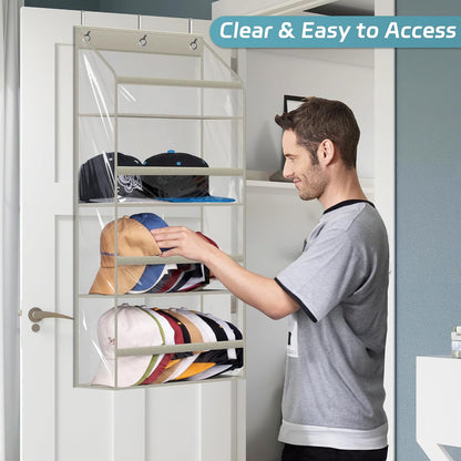 AOODA Clear Over the Door Hat Racks for Baseball Caps, Large Holds up to 72 Caps Hat Storage Organizer for Closet Wall, Deep Pockets Hanging Snapback Holder Shelves with 3 Hooks, White