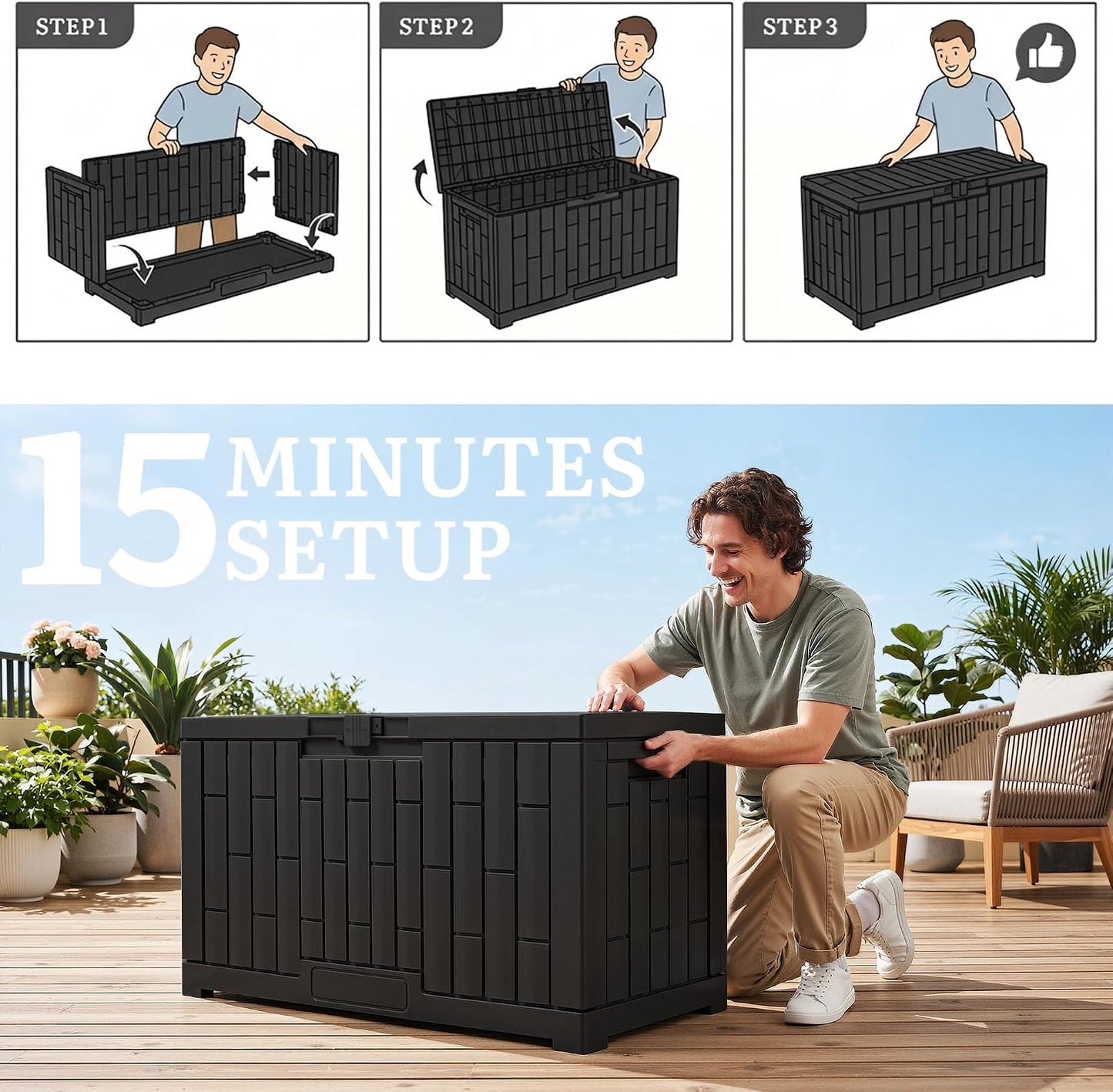 YITAHOME 100 Gallon Large Outdoor Deck Box | Waterproof Resin Storage Box, Lockable Indoor Outdoor Storage Container for Patio Furniture Cushions, Pool Accessories