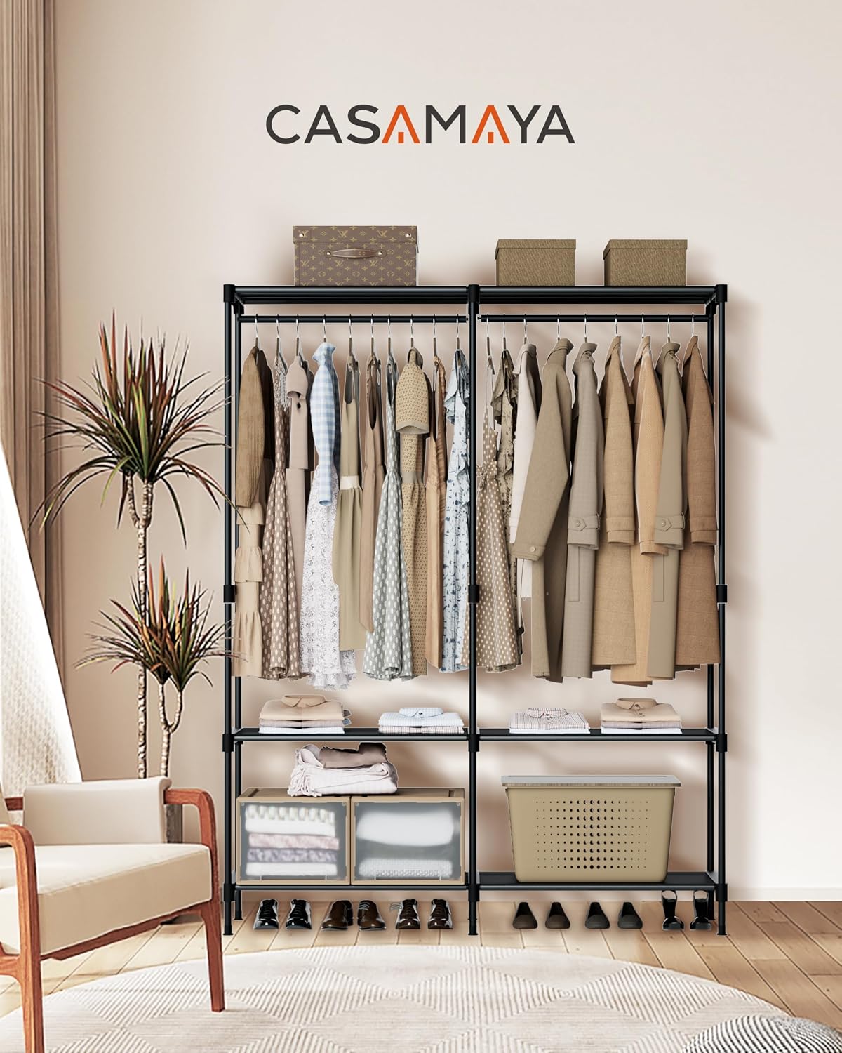 CASAMAYA Clothes Rack, Portable Closet, 80.7 Inch Extra Large Capacity Wardrobe Closet, Clothes Storage Organizer with Shelves and 5 Hanging Rods, Easy to Assembly, Black PCT036B01