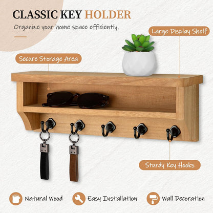 Nekon Key Holder Wall Mount, Wall Organizer Shelf with 5 Key Hooks, Room Decor for Home and Apartment Essentials, White