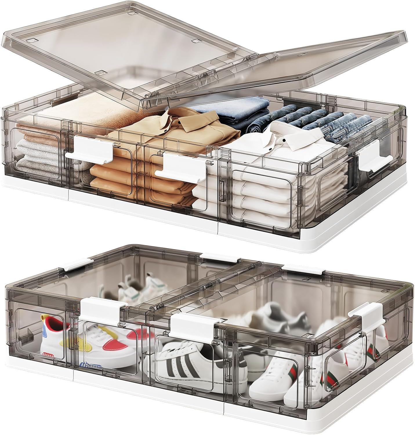Kitstorack Clear Plastic Under Bed Storage Containers Bins with Lids and 8 Pre-installed Wheels,37.8 Qt, Rolling Foldable Flat Under Bed Organizer Boxes for Clothes Shoes Clothing Bedroom