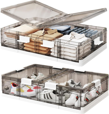 Kitstorack Clear Plastic Under Bed Storage Containers Bins with Lids and 8 Pre-installed Wheels,37.8 Qt, Rolling Foldable Flat Under Bed Organizer Boxes for Clothes Shoes Clothing Bedroom