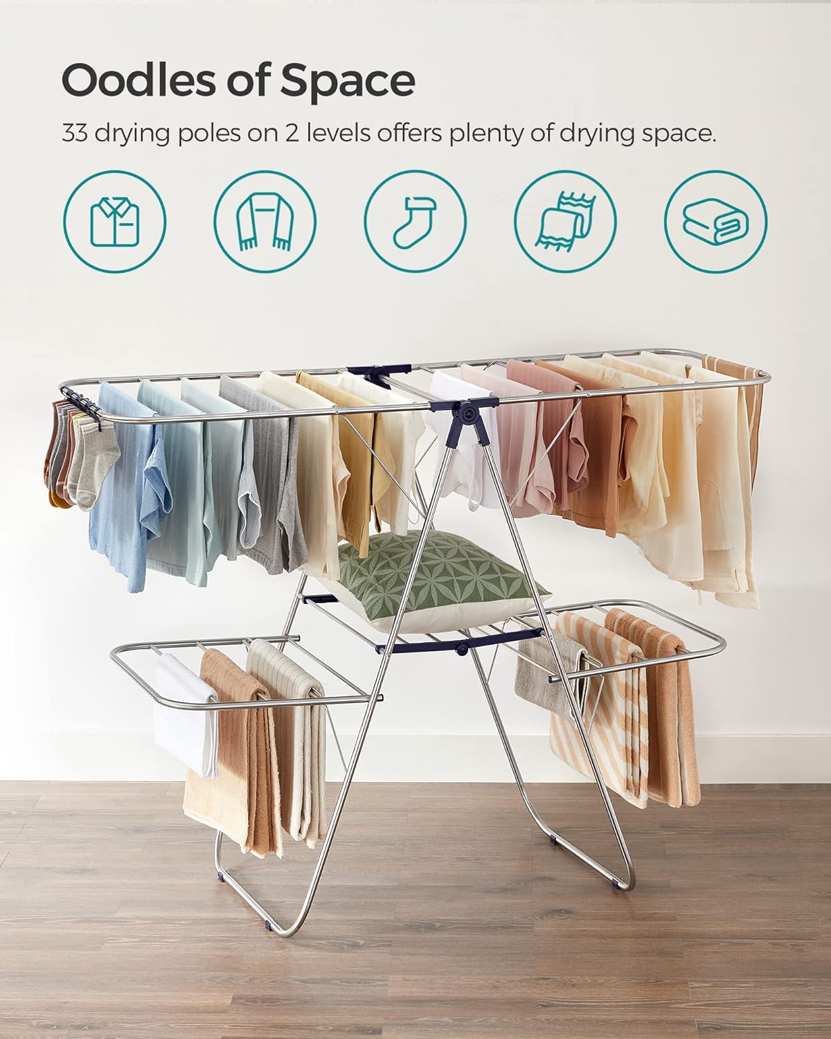 SONGMICS Clothes Drying Rack, with Sock Clips, Metal Laundry Rack, Foldable, Space-Saving, Free-Standing Airer, with 2 Height-Adjustable Gullwings, Indoor Outdoor Use, Gray ULLR052G01