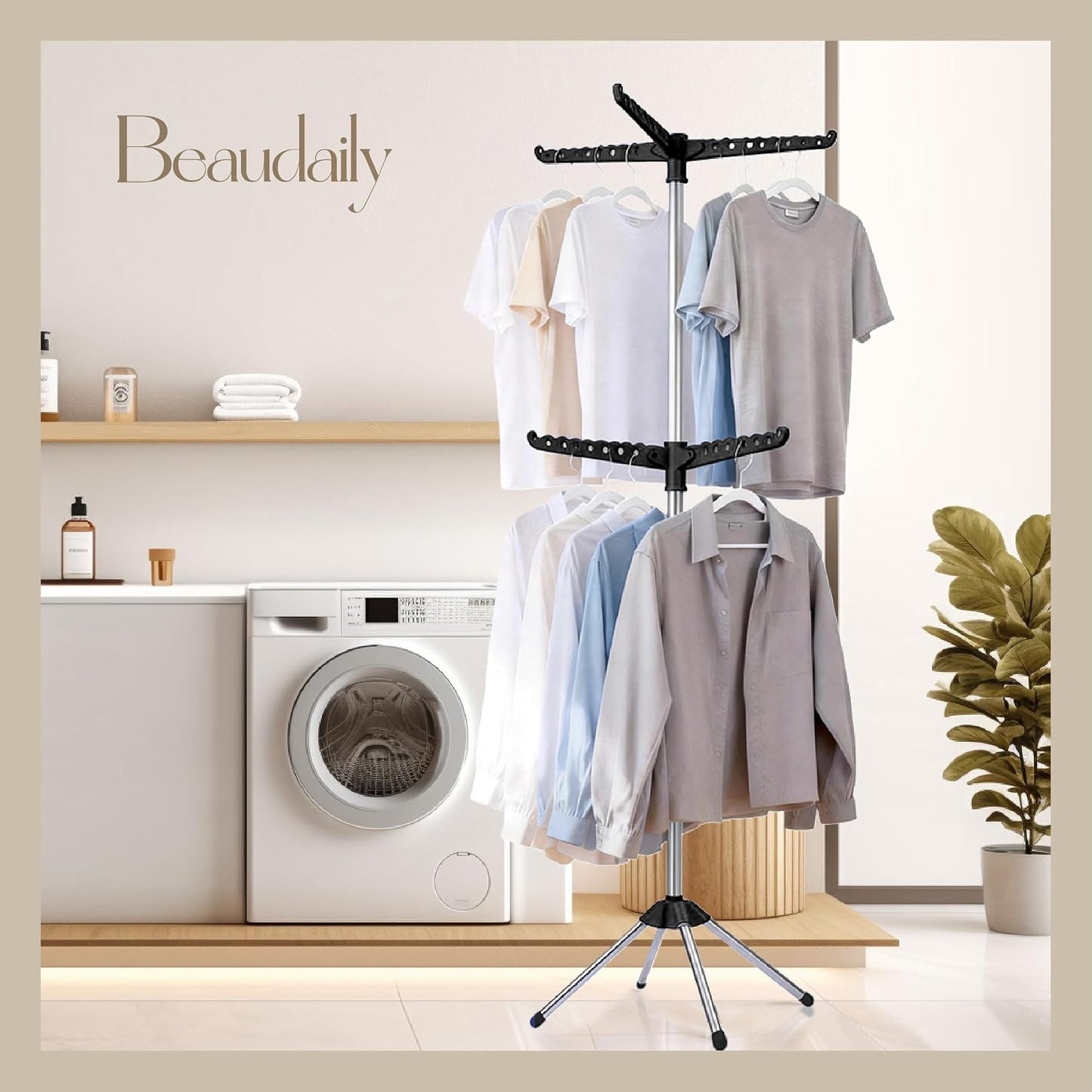 Beaudaily Clothes Drying Rack, Foldable 79.5-Inch Laundry Drying Rack,3 Tie, with Rotatable Arms, Stainless Steel, Holds 27 Clothes,8 Towels and 24 Clips for Hanging Socks, White and Silver