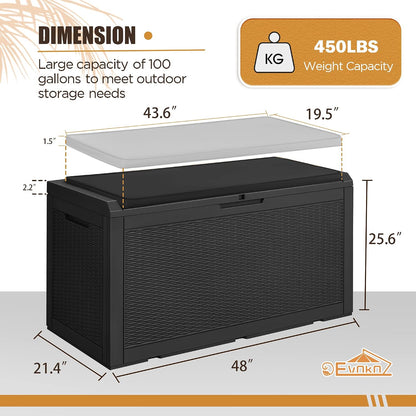Devoko 100 Gallon Waterproof Large Resin Deck Box Indoor Outdoor Lockable Storage Container for Patio Furniture Cushions Garden Tools (100 Gallon, Black)