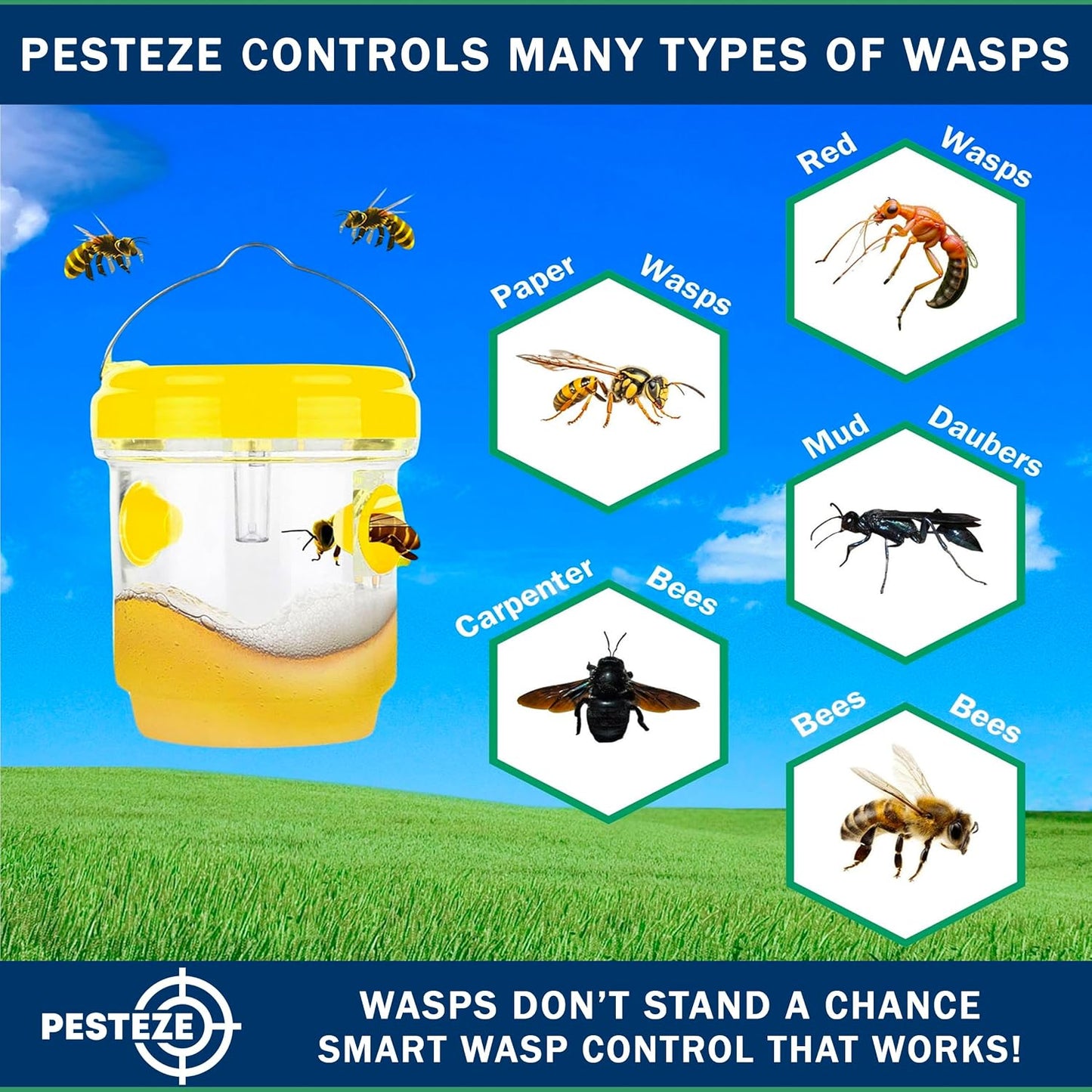PESTEZE USA 2 Pack Reusable Solar Hanging Wasp Trap with LED Light [Yellow, 3.5×4.4 in] Attracts & Kills Wasps, Hornets, Yellow Jackets & Flying Insects Safely, Chemical-Free, Waterproof Outdoor Trap