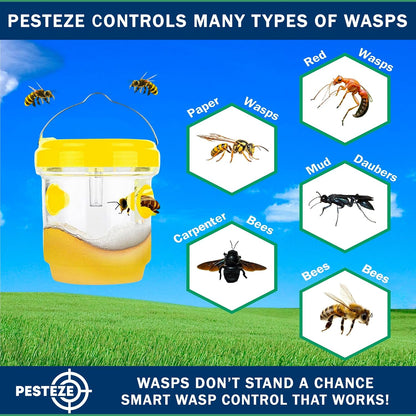 PESTEZE USA Reusable Solar Hanging Wasp Trap with LED Light [Yellow: 3.5 x 4.4 Inch] Attracts, & Kills Wasp, Hornet, Yellow Jacket & Insect Species 24/7 Without Harsh Chemicals Waterproof Outdoor Trap