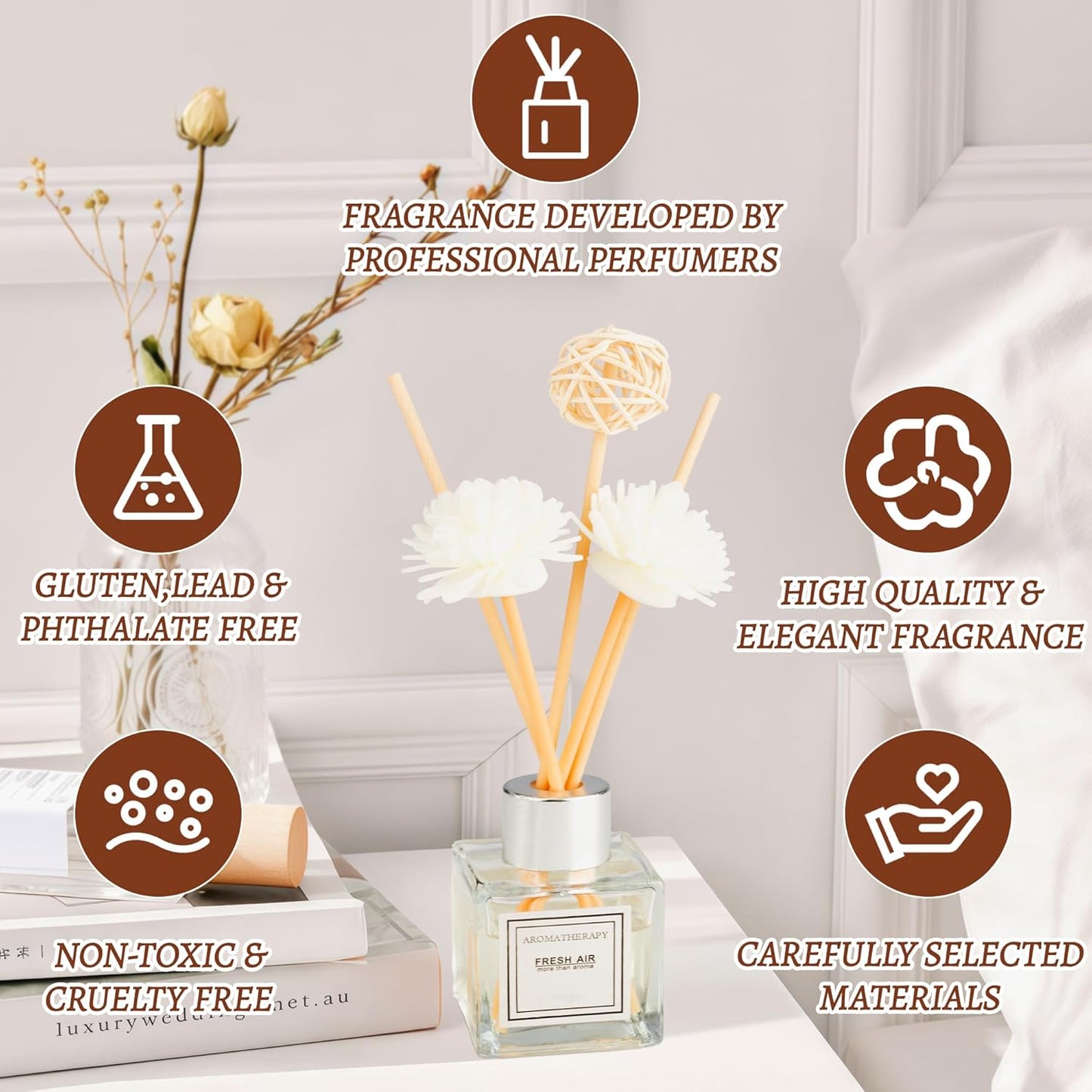 Reed Diffuser Set, 1.7 fl oz Scent Diffuser with Sticks, Freesia Scent for Bathroom Accessories Shelf Decor, Air Fresheners for Home, Home Fragrance Products, House Office Room Decor Aesthetic Gift