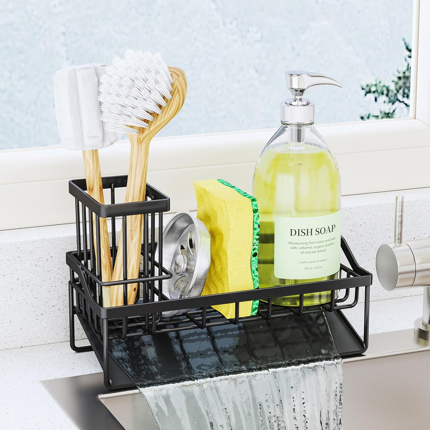 SWTYMIKI Sink Caddy Sponge Holder - Kitchen Sink Organizer with High Brush Holder for Countertop to Hold Dish Soaps and Sponges, Stainless Steel, Black