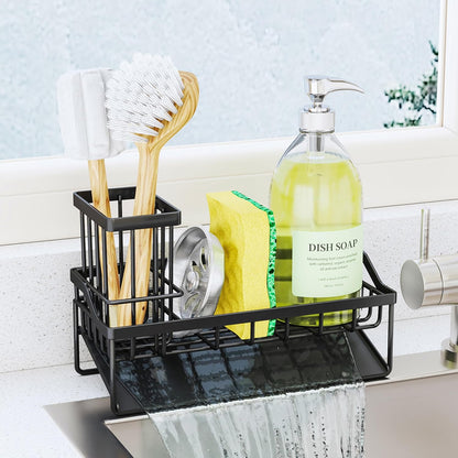 SWTYMIKI Sink Caddy Sponge Holder - Kitchen Sink Organizer with High Brush Holder for Countertop to Hold Dish Soaps and Sponges, Stainless Steel, Black