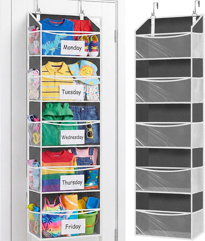 Over The Door Organizer, 5-Tier Extra Large Behind Door Storage with 10 Big Front & 10 Mesh Pockets, 80lb Capacity, Hanging Storage Organizer with Clear Window Kids Toys, Shoes, Diapers, Light Grey