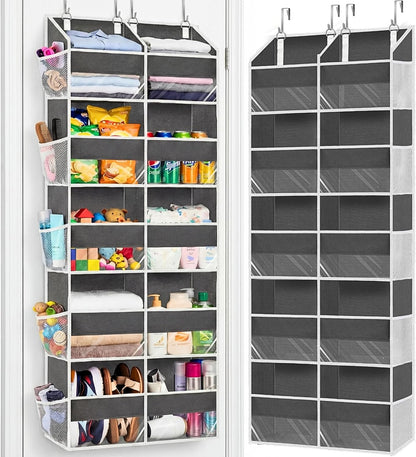 Over The Door Organizer, 5-Tier Extra Large Behind Door Storage with 10 Big Front & 10 Mesh Pockets, 80lb Capacity, Hanging Storage Organizer with Clear Window Kids Toys, Shoes, Diapers, Light Grey