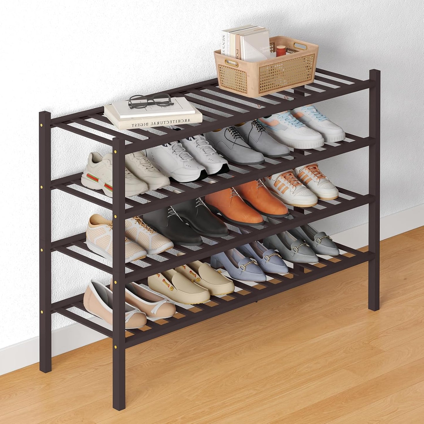 Smiry Bamboo Shoe Rack for Closet, 3 Tier Wooden Shoe Organizer, Stackable Wood Shoe Storage Shelf for Entryway, 14 Vertical Slats, One-piece Heavy-Duty Legs, 26.77"x11.02"x18.31", Natural