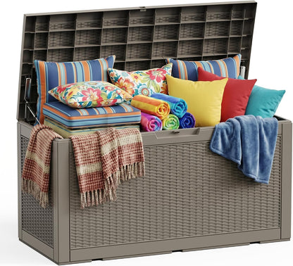 ROJIK 120 Gallon Waterproof Outdoor Deck Storage Box, Lockable Resin Patio Storage Bin with Lid for Garden Tools, Patio Cushions & Outdoor Accessories(Black)