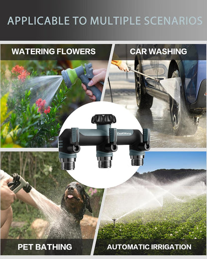 Garden Hose Splitter 2 Way, Heavy Duty Water Hose Spigot Bib Splitter, Outdoor Faucet Splitter with Shutoff Valve, T Adapter Connector with 3/4 - Inch GHT Thread (Grey)