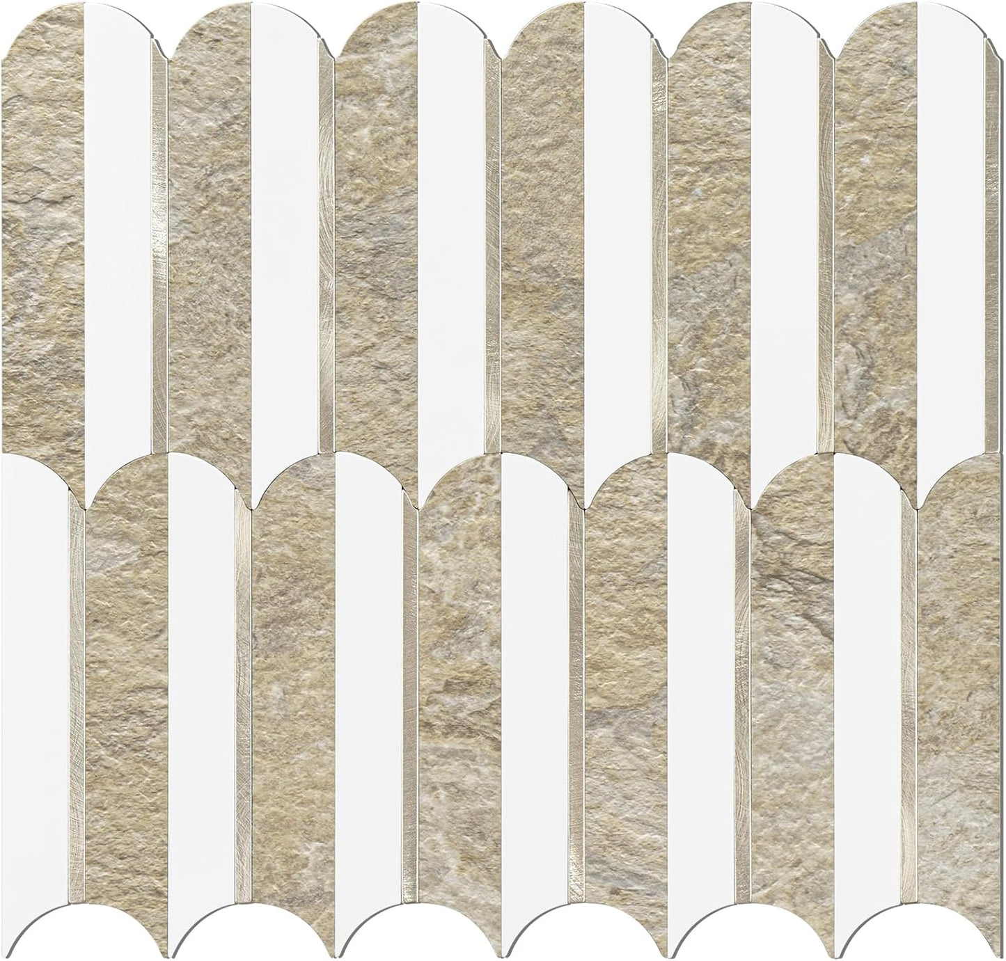 Vamos Peel and Stick Backsplash Seamless Tile for Kitchen and Bathroom,White and Beige Slate PVC Mixed Light Gold Self Adhesive Fish Scale Metal Mosaic Tiles (10 Sheets)