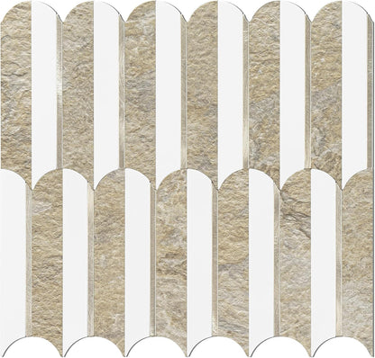 Vamos Peel and Stick Backsplash Seamless Tile for Kitchen and Bathroom,White and Beige Slate PVC Mixed Light Gold Self Adhesive Fish Scale Metal Mosaic Tiles (10 Sheets)