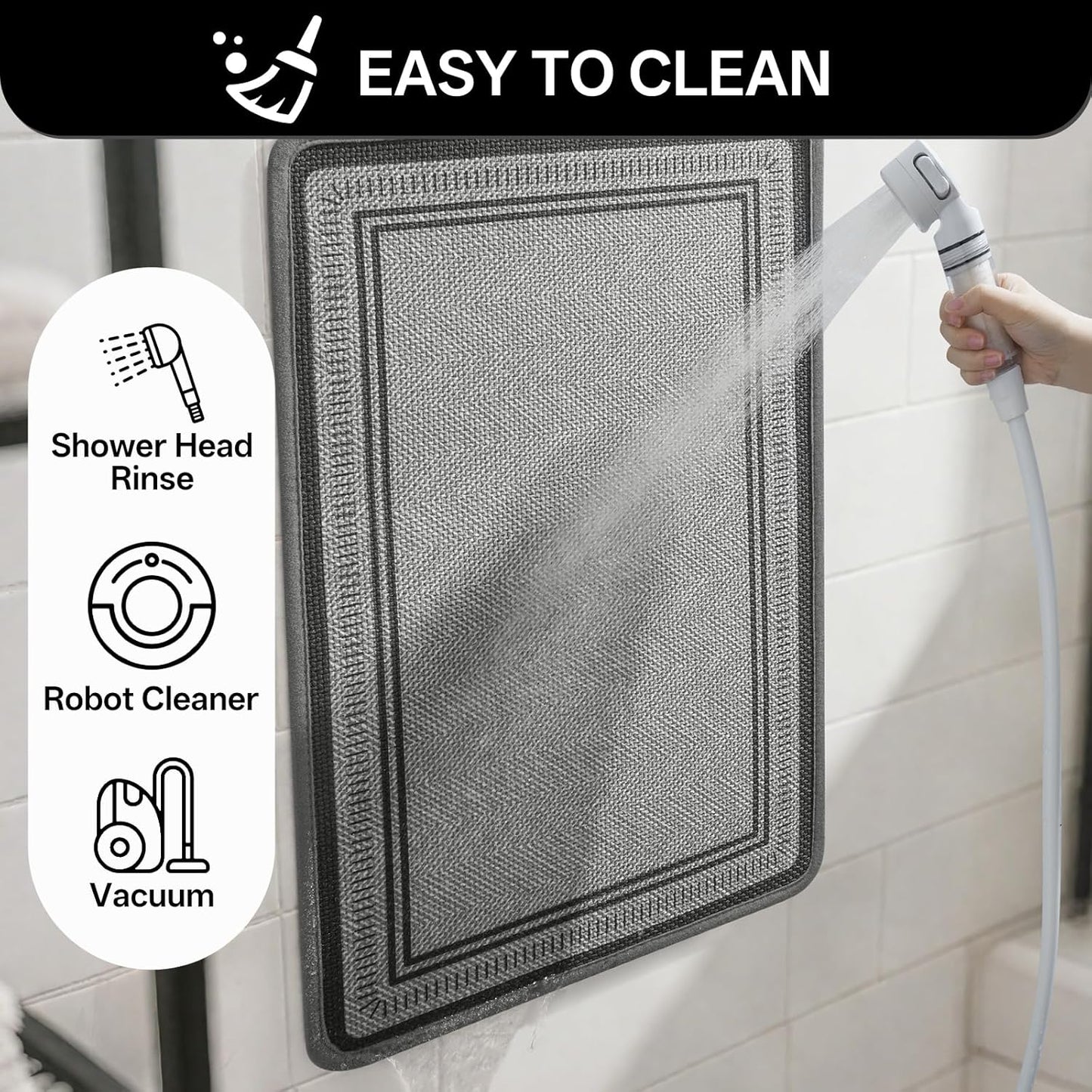 Non Slip Bath Mat with Rubber Backing, Absorbent Quick Dry Bath Rugs Washable, Thin Bathroom Rugs Fit Under Door for Bathroom Floor, Shower and Sink, 16"×24", Grey