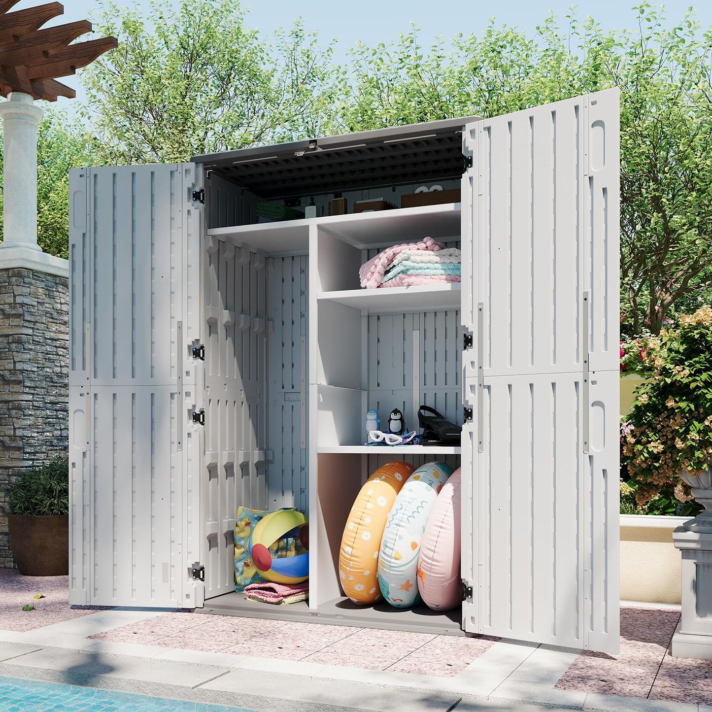 AOXUN Horizontal Storage Sheds 21 Cu.ft, HDPE Outdoor Storage Box 160 Gallon, Waterproof Lockable Resin Deck Box with Spring-Assisted Lid, Patio Storage for Garden, Pool, Cushions, Tools, White