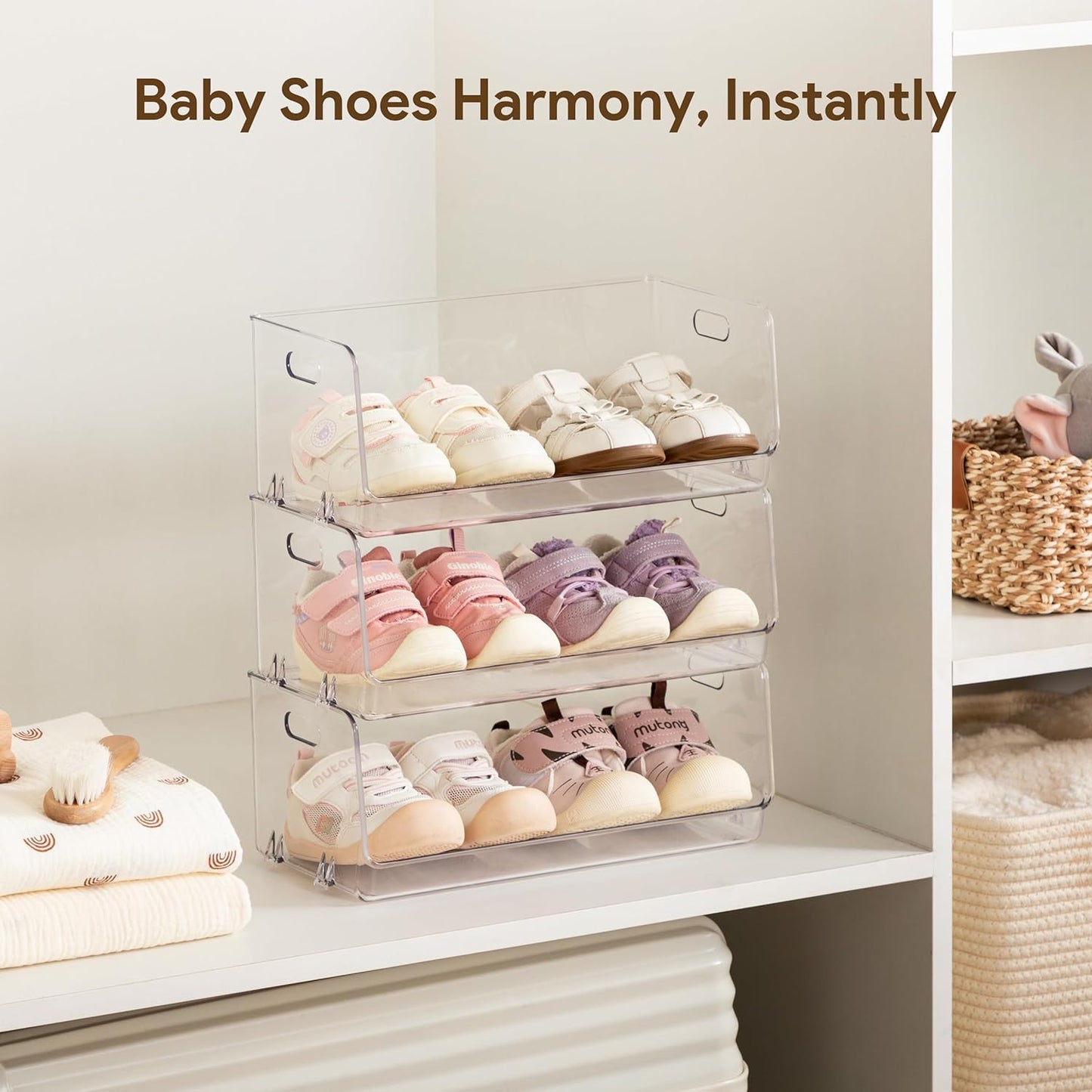 HBlife Clear Acrylic Kids Shoe Rack Baby Toddler Shoe Storage Organizer for Closet Floor Entryway Bedroom, 4 Tier Stackable Small Shoe Rack Shelf Display Stand