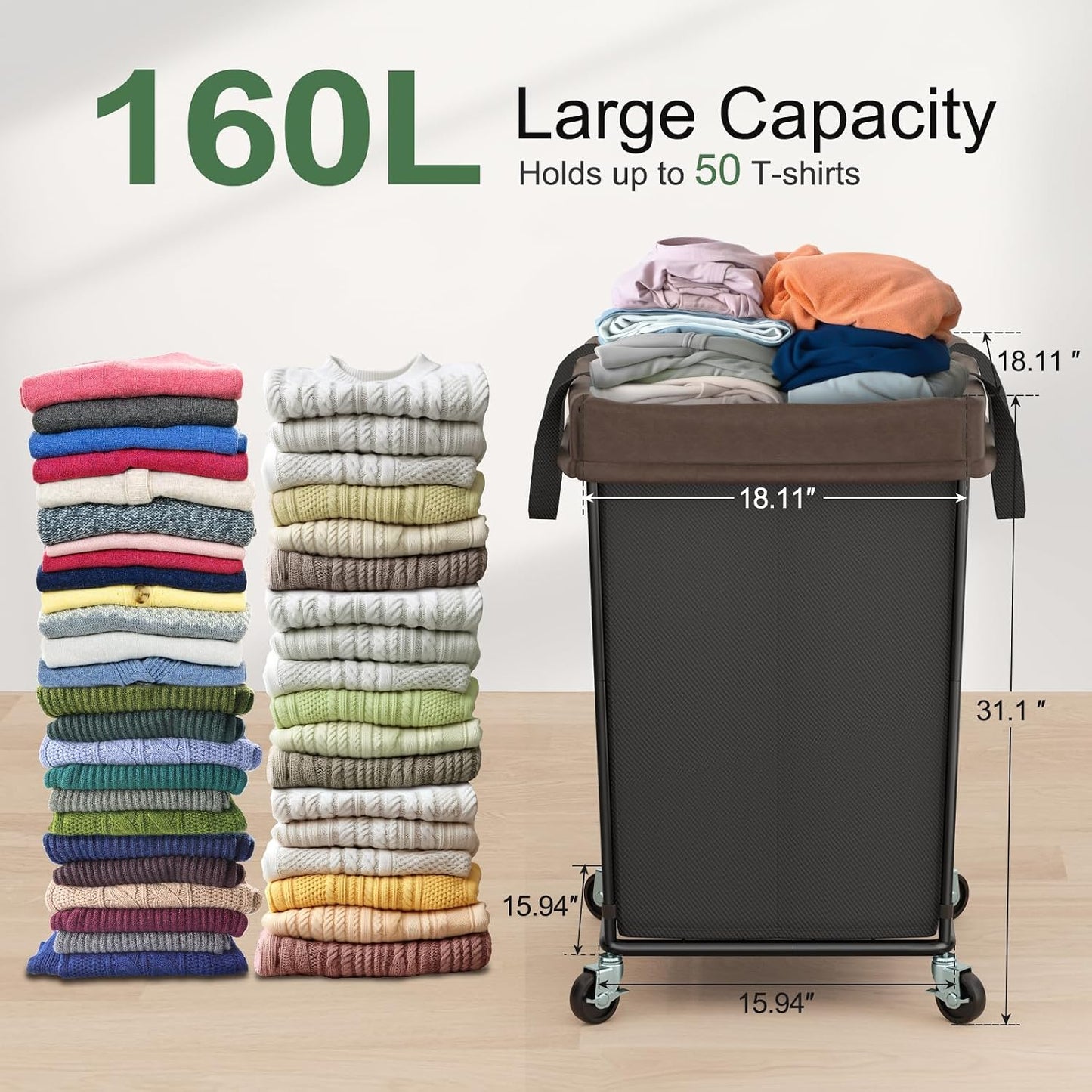 Mefirt 320L Laundry Hamper with Wheels, 3 Section Large Rolling Laundry Basket Bag with Wheels, Clothes Hamper Cart for Laundry, Bedroom, Bathroom and Dorm