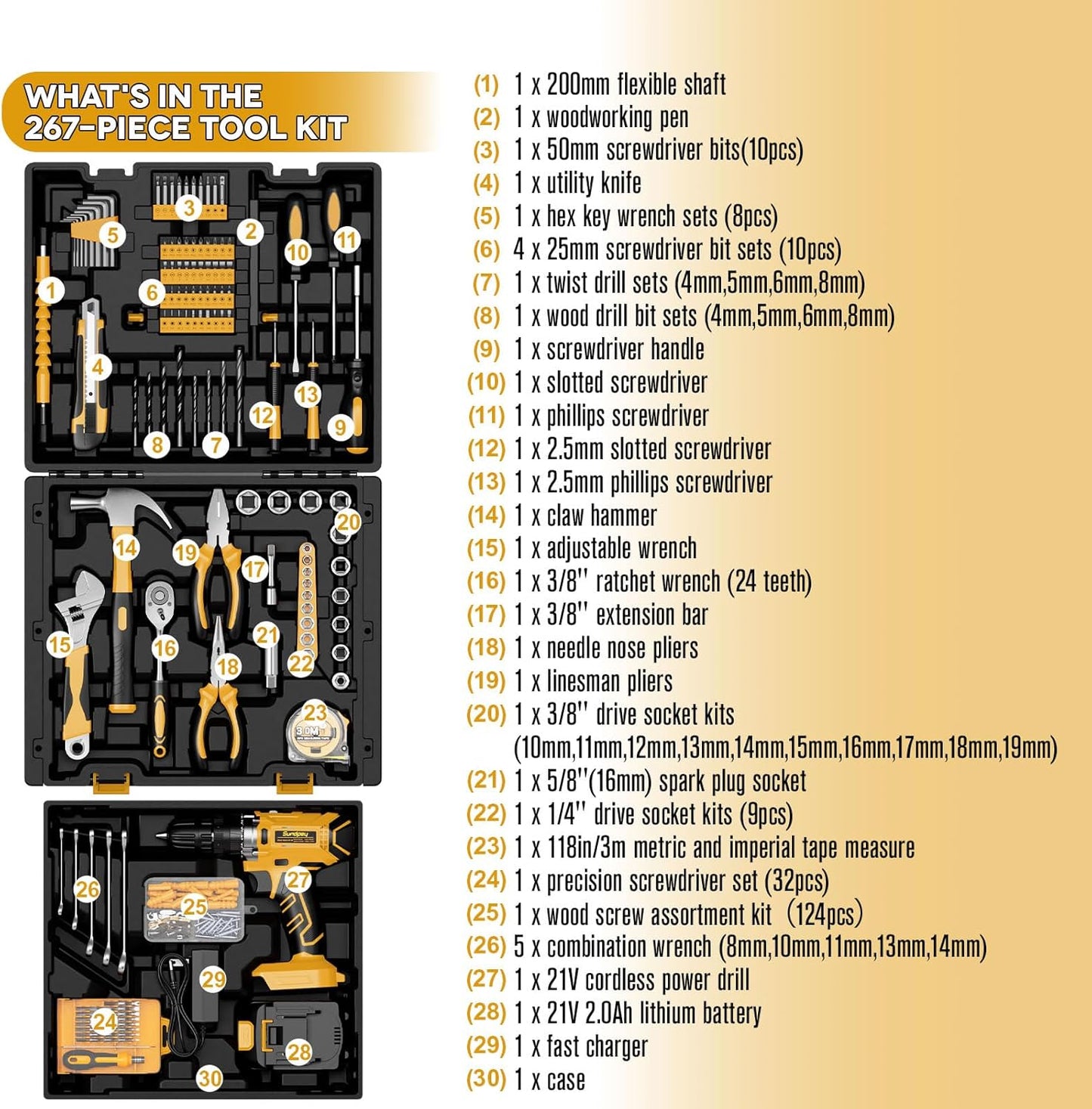 Sundpey 267-Piece Tool Kit with Drill - Basic General Home Complete Repair Portable Tool Set with 21V Cordless Drill & 2.0Ah Battery & Charger in Drawer Storage Toolbox for Apartment Office Garage