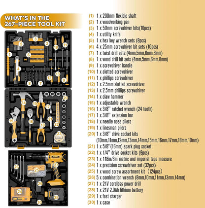 Sundpey 267-Piece Tool Kit with Drill - Basic General Home Complete Repair Portable Tool Set with 21V Cordless Drill & 2.0Ah Battery & Charger in Drawer Storage Toolbox for Apartment Office Garage