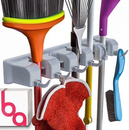 Broom Holder Wall Mount, Mop and Broom Organizer – Wall Mounted Broom Rack & Mop Rack, Rack for Brooms and Mops | Broom Hanger Wall Mount with 5 Slots & 6 Hooks, Kitchen Garage Laundry Garden