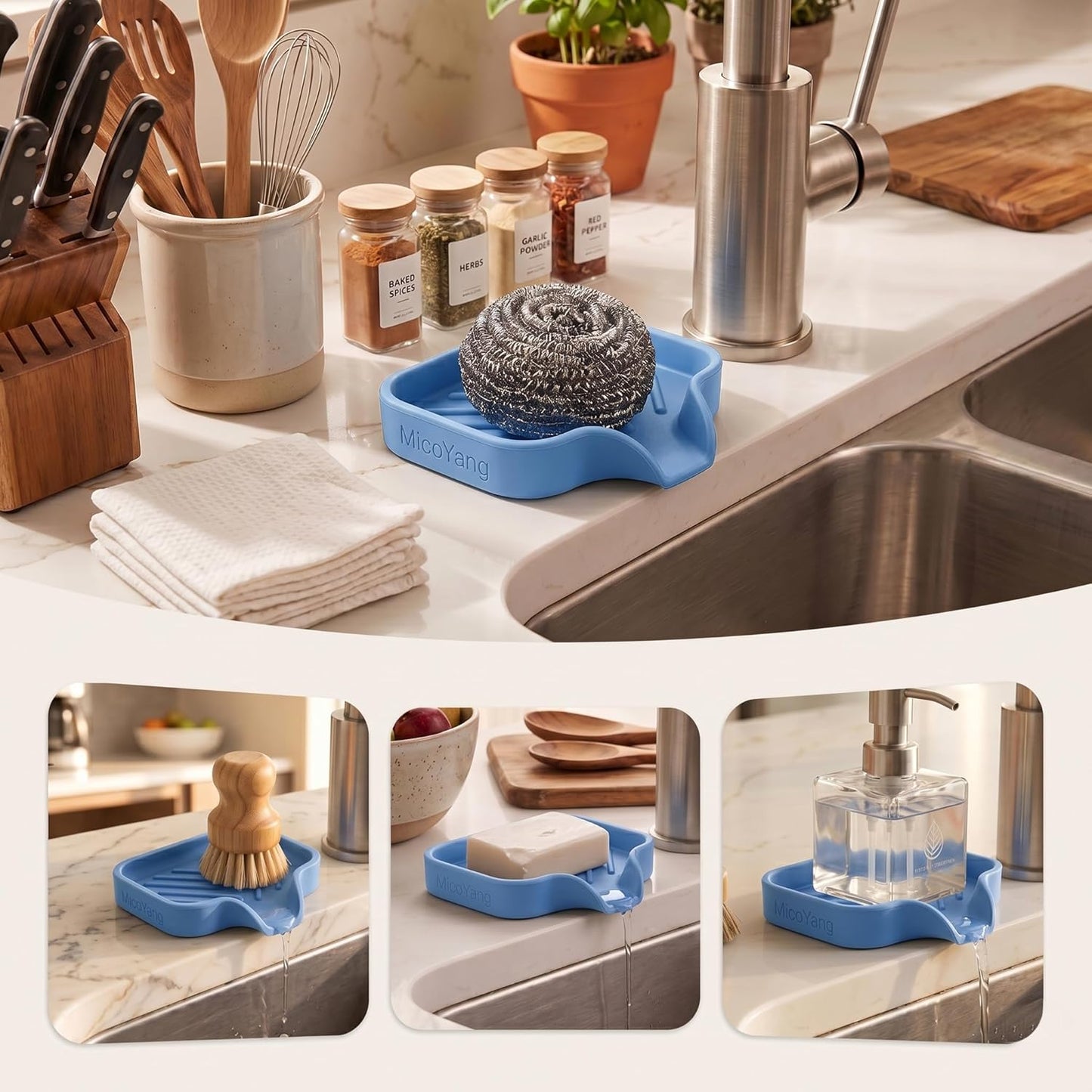 MicoYang Silicone Bathroom Soap Dishes with Drain Spout-Bathroom and Kitchen Sink Organizer,Sponge Holder,Dish Soap Tray,Perfect for Dispenser,Scrubber,Bottle,Cup on Sink or Counter-Coffee 4.9"×3.2"