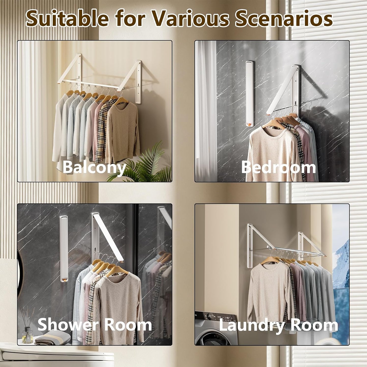 Clothes Drying Rack, Laundry Room Wall Mounted Retractable Clothes Hanger Drying Rack, Laundry Clothing Drying Rack Folding Indoor or Outdoor, Easy Installation Aluminium Dryer, 1pcs(White)
