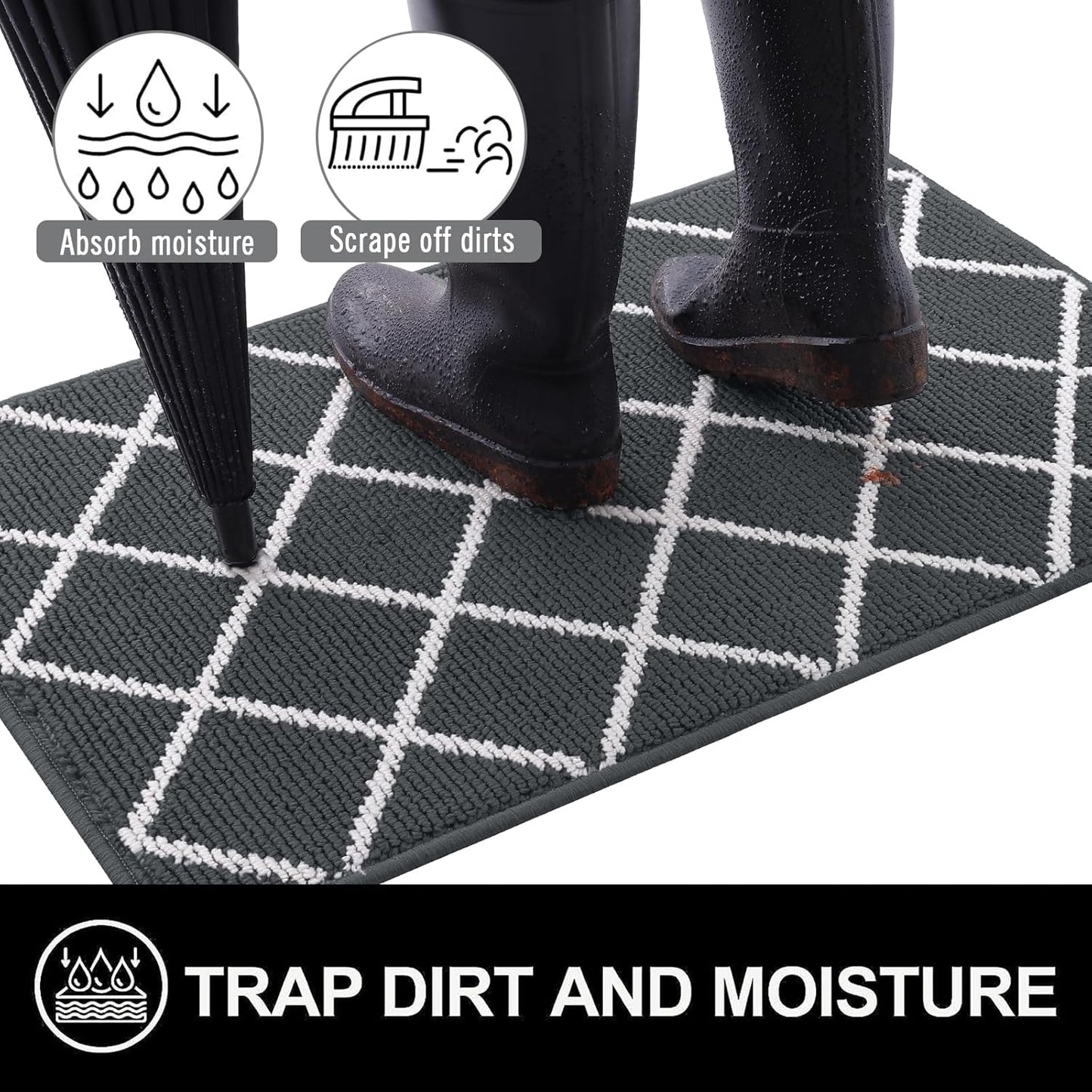 Finchitty Indoor Door Mat, Dirt Resistant and Absorbent, Low-Profile, Non-Slip, Washable Inside Floor Mats for Front Door, Back, and Entrance, 32" x 20", Grey