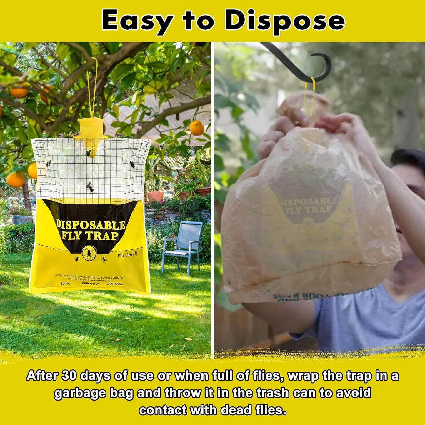 Outdoor Fly Traps for Patio, 4 Pack Pre-Baited Big Fly Bags Outdoor Disposable, Hanging Fly Catcher Hunter Stable Horse Ranch Control Repellent Killer for Barn, Farm