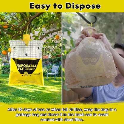 Outdoor Fly Traps for Patio, 4 Pack Pre-Baited Big Fly Bags Outdoor Disposable, Hanging Fly Catcher Hunter Stable Horse Ranch Control Repellent Killer for Barn, Farm
