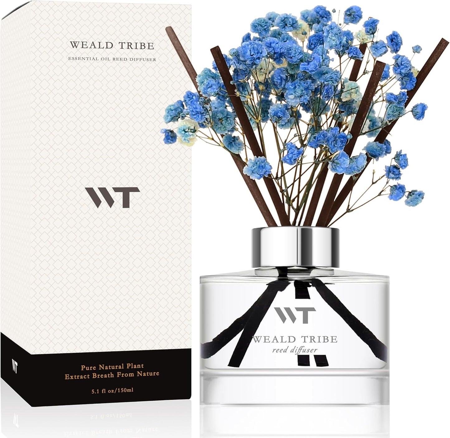 Flower Reed Diffuser Set Wild Eucalyptus Mint Scent for Bathroom Accessories Shelf Decor & Air Fresheners, Sticks Defusers with 5.1 fl oz Essential Oils & Leaves, House Bedroom Office Decor & Gifts