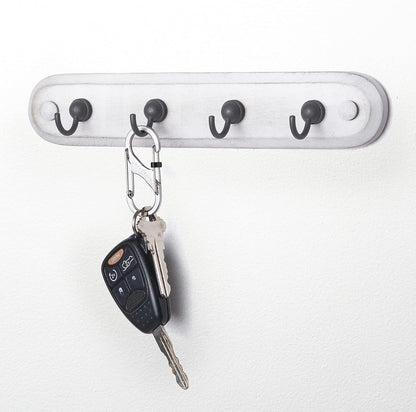 Spectrum Farmhouse Key Holder Wall Mount Rack for Entryway Garage Mudroom Hanging Organization, Easy Install Rustic Key Ring Holder Rack for Keychains Rings & Fobs, White Washed with Black Hooks