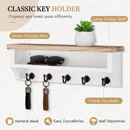 Nekon Key Holder Wall Mount, Wall Organizer Shelf with 5 Key Hooks, Room Decor for Home and Apartment Essentials, White