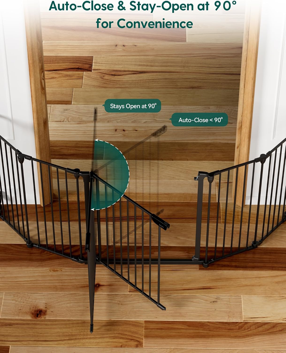 Babelio 104" Extra Wide Baby Gate, 30” Tall Auto Close Dog Fence for Stairs Doorways Fireplace, Hardware Mounted Pet Gate Indoor, Foldable 5 Metal Panels, AdaptiZone Series, Black