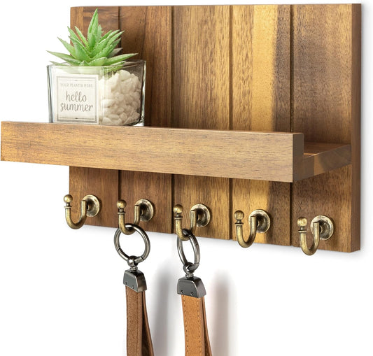 Rebee Vision Decorative Key Holder Wall Mount - Rustic Key Holder for Wall with Shelf and Mail Organizer for Living Room Decor - Home Essentials for Home Improvement (Brown, 3.54" x 10" x 7.28")