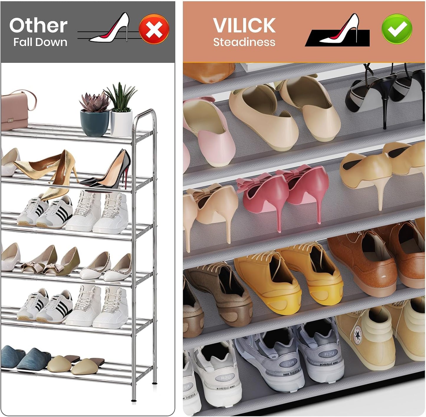 VILICK 5 Tier Shoe Rack with Hook and Side Pocket,Shoe Organizer Space Saver Storage for 20-25 Pair Shoe Storage Shelf Sturdy Free Standing Long Shoe Rack Organizer for Closet,Entryway,Small Spaces