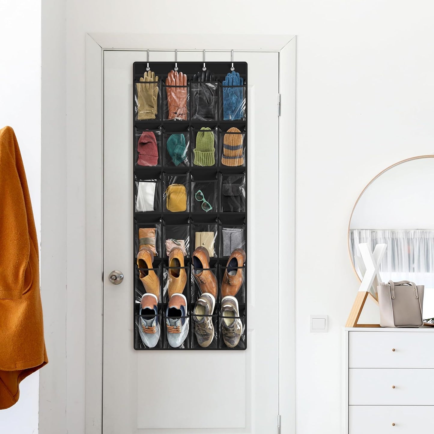 Simple Houseware 24 Pockets - Crystal Clear Over The Door Hanging Shoe Organizer, Gray (64'' x 19'')