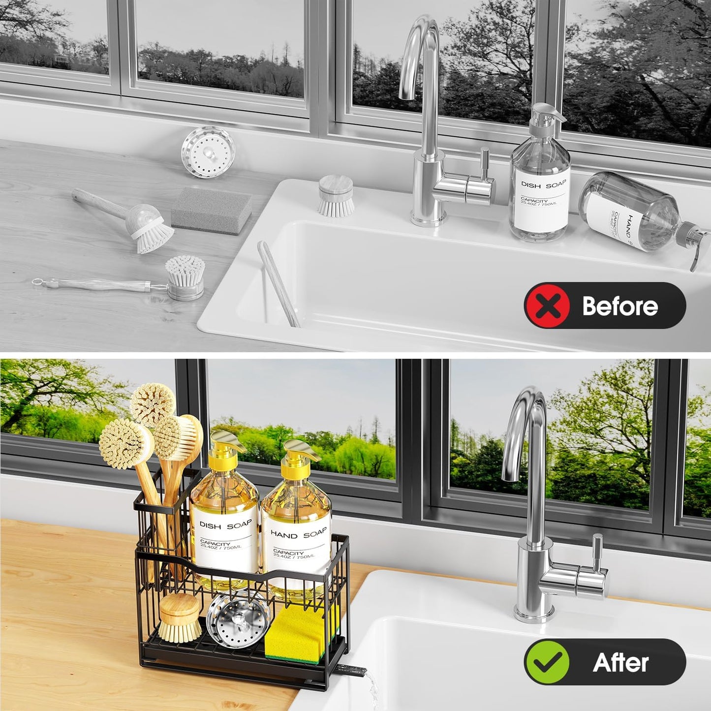2-Tier Rustproof Kitchen Sink Caddy with Self-Draining Tray, Dish Brush & Sponge Holder, Non-Slip Base - Black