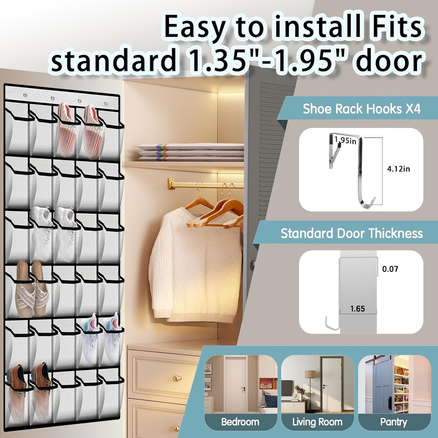 Kotkn Over the Door Shoe Organizer with 30 Breathable Mesh Pockets - Large Capacity Closet Storage for Men & Women, Hanging Shoe Rack Organizer (Gray)