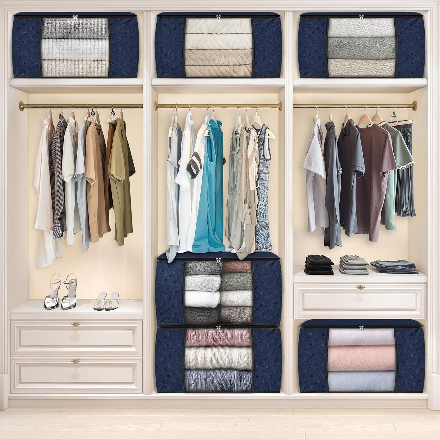 Fab totes 6 Pack Storage Bags for Clothes and Blanket, Foldable Closet Organizers and Storage with Zippers, Clear Window and Handles, Fabric Storage Bins for Sweater, Comforter, Bedding,Linen Sheets