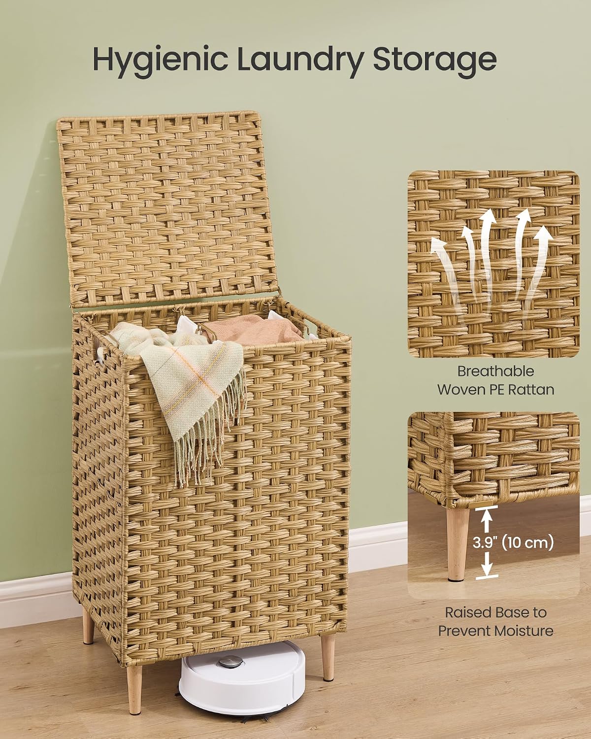 SONGMICS 3-Section Laundry Hamper with Lid, 42.2 Gal (160L) PE Rattan Laundry Basket with Removable Washable Liners, for Bedroom & Living Room, Chestnut Brown ULCB223ME01