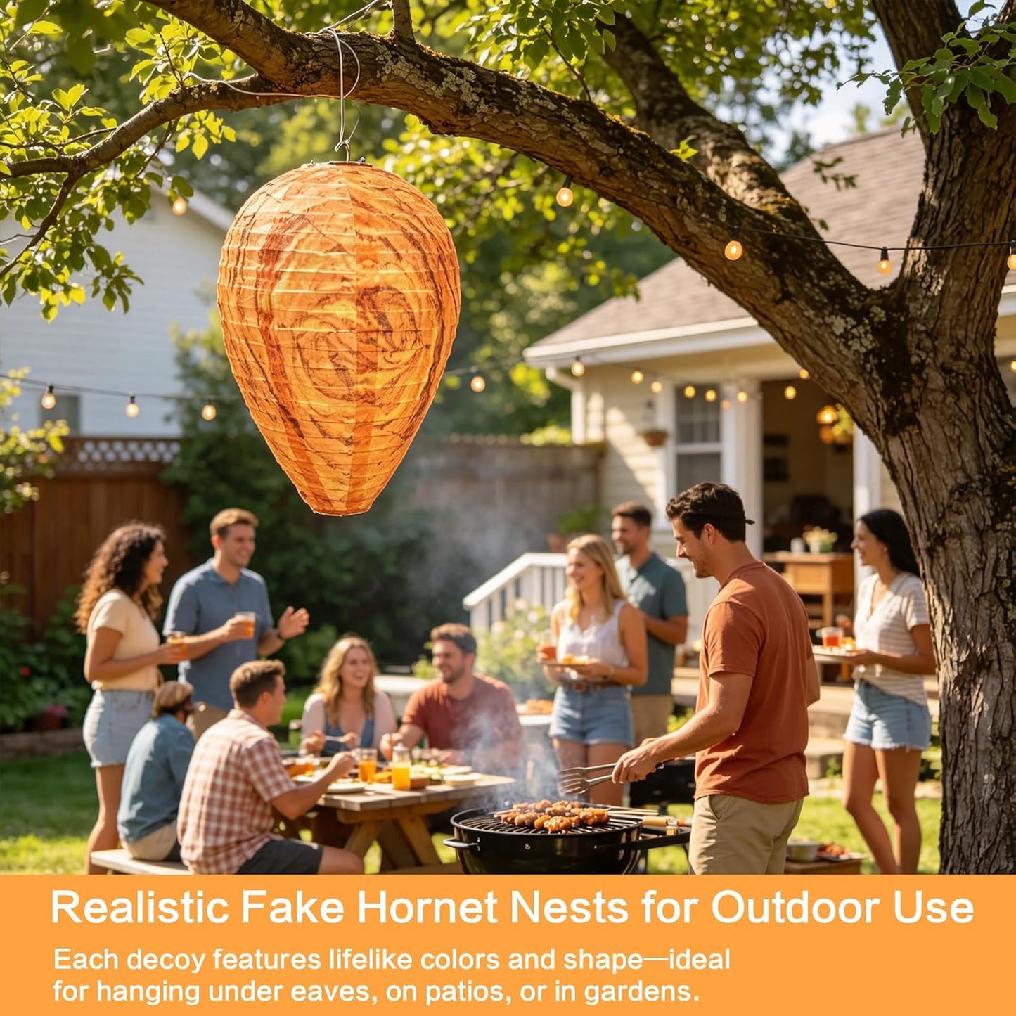 Fake Wasp Nest 4 Pack, Upgraded Waterproof Wasp Nest Decoy Outdoor Hanging, Realistic Artificial Hornet Nests with Stainless Steel Frame for Patio, Porch, Garden, Backyard, Under Eaves