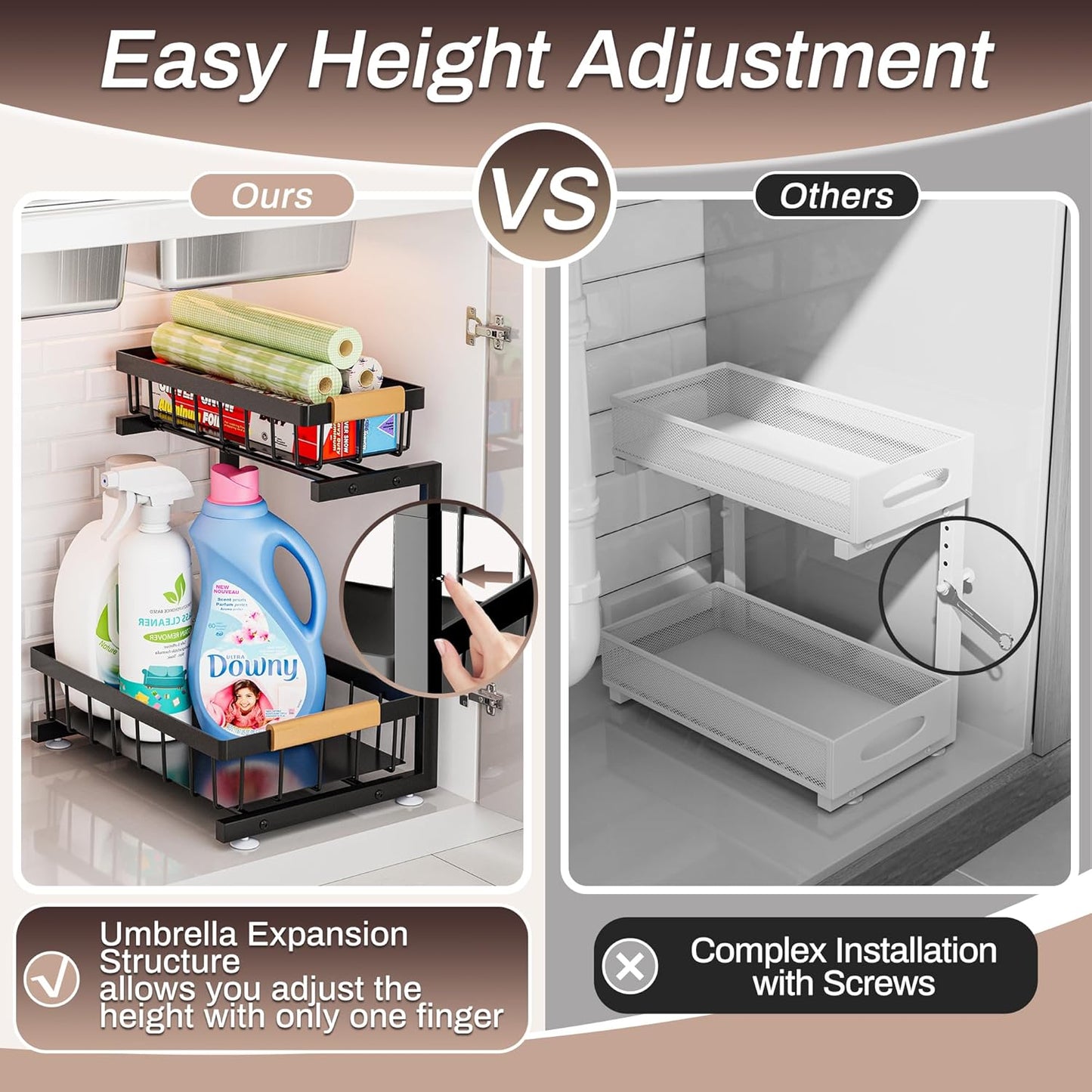 ADBIU Under Sink Organizer 2 Pack, Adjustable Height (11"-15.75") Under Cabinet Storage, 2 Tier Pull Out Sliding Drawers for Kitchen Bathroom, Heavy Duty Metal Shelf, White